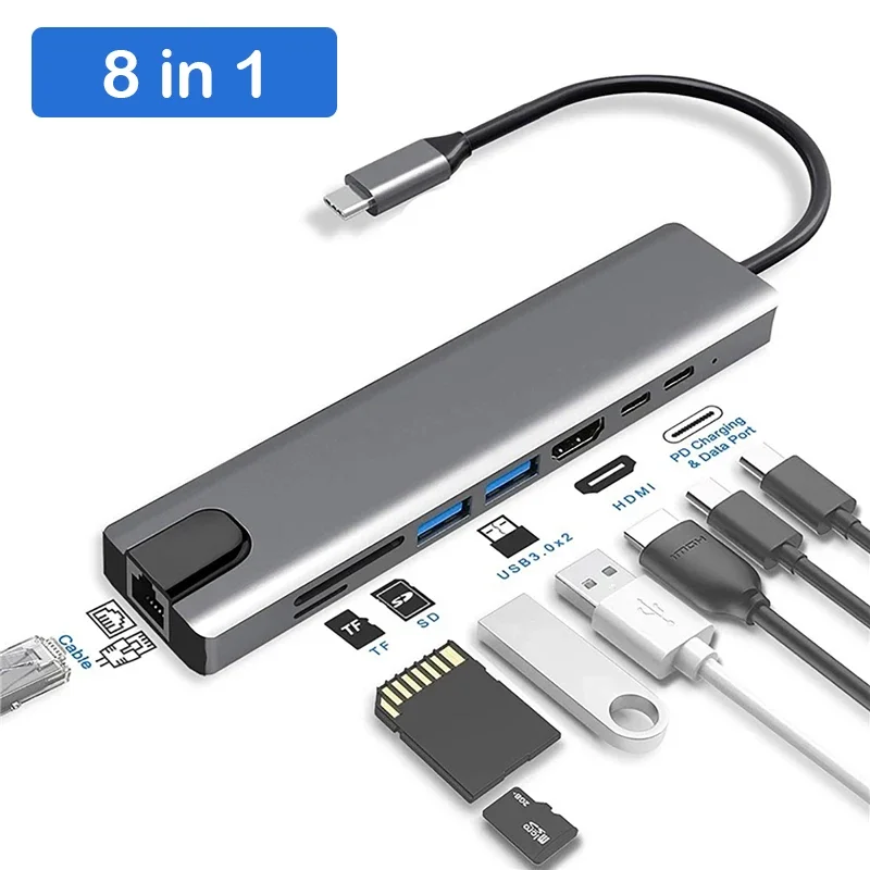 

USB-концентратор типа C на 2, HDMI-совместимый двойной монитор с Gigabit RJ45 USB-концентратором PD 3,5 мм SD/TF Адаптер передачи данных USB-C