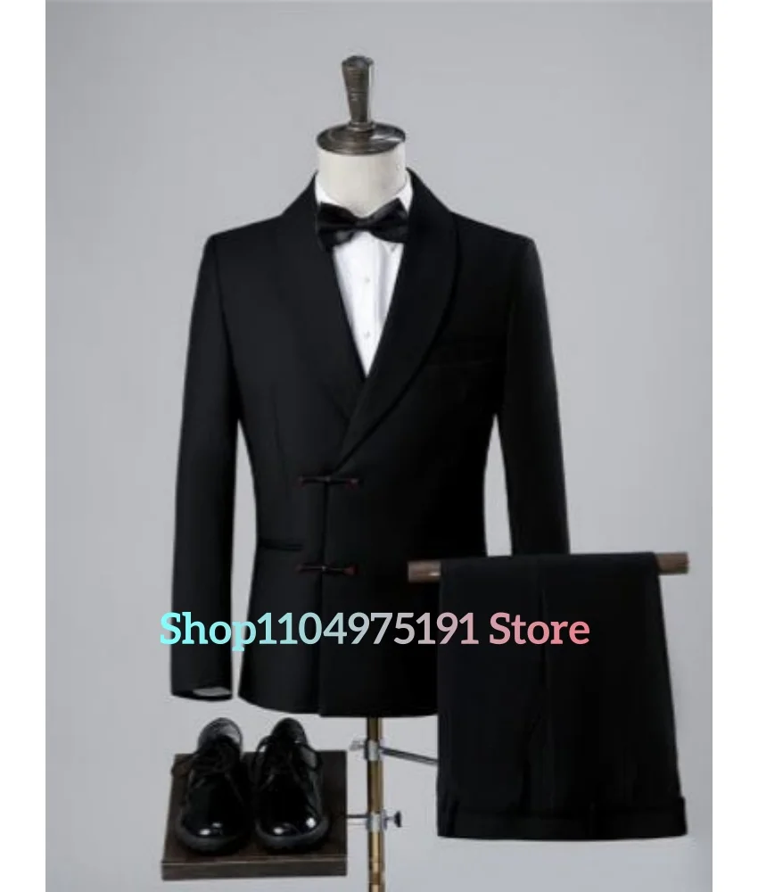 طقم بدلة سوداء للرجال عالي الجودة مع أزرار عقدة صينية حمراء رسمية بقصة ضيقة لحفلات الزفاف والمناسبات، فساتين الحفلات #3