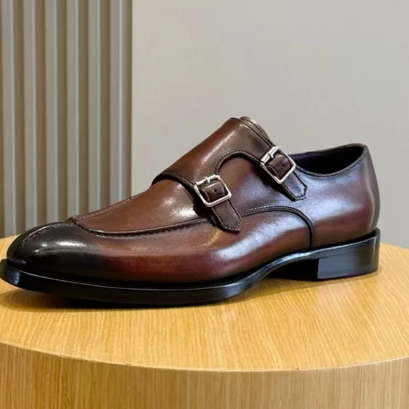 

Men Buckle Strap Patchwork Leather Shoes Black Brown Round Toe Square Heel Loafers 2025 New Male Casual Business Wedding Shoes