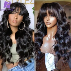 Wavy Human Hair Wig With Bangs Brazilian Remy Hair O Scalp Top Bang Wig 200 Density Wig Body Wave Glueless For Black Women LUFFY