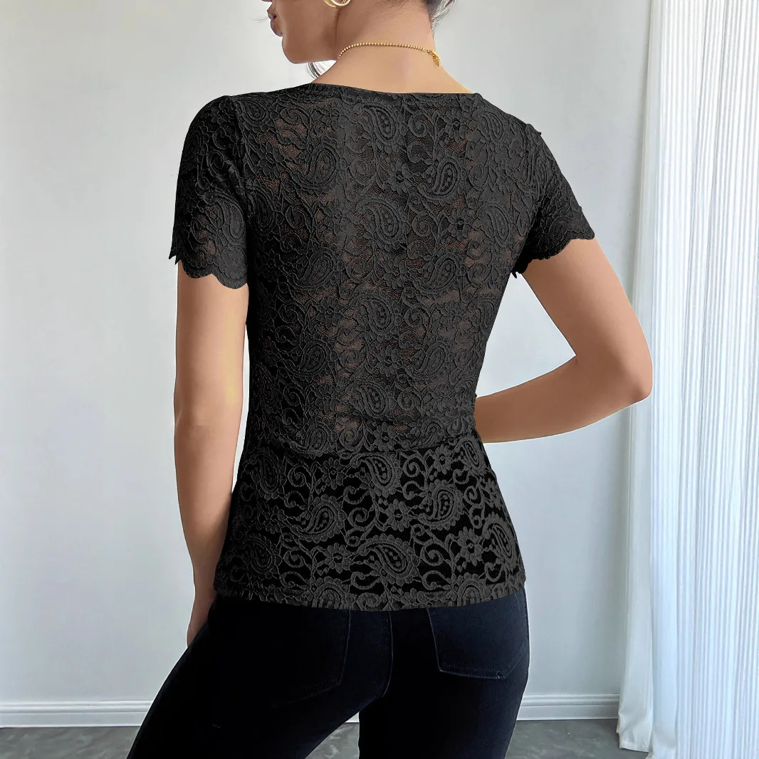 Women's New Elegant Solid Color Scalloped Neck Lace Short Sleeve Slimming Sheer Daily Commute Comfort Versatile Layering T-shirt