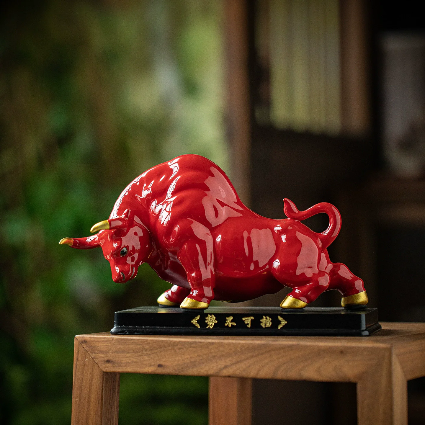 Large Ceramic Charging Bull Statue, Bullish Red Ox Figurine for Wealth Attracting, Unstoppable Feng Shui Ornament for Office Fro
