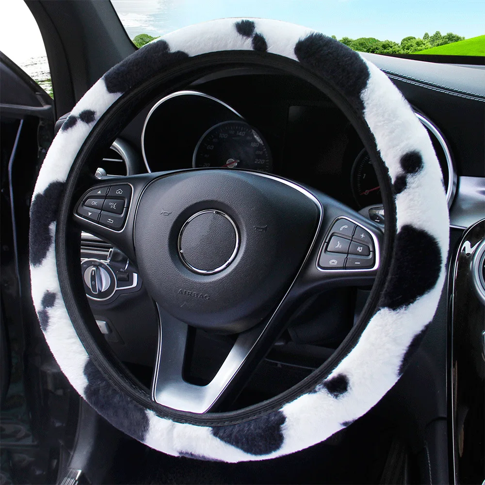 Soft Plush Car Steering Wheel Cover Hand Brake Gear Cover Set Cow Print Anti-Slip Auto Car Styling Interior Accessories 37-38cm