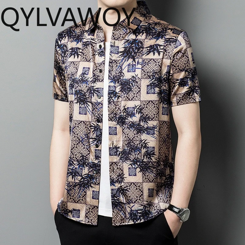 QYLVAWOY 92.4% Real Mulberry Silk Men's Shirts New Summer Shirts Printed Tops Short Sleeve Menswear Clothing Business Casual