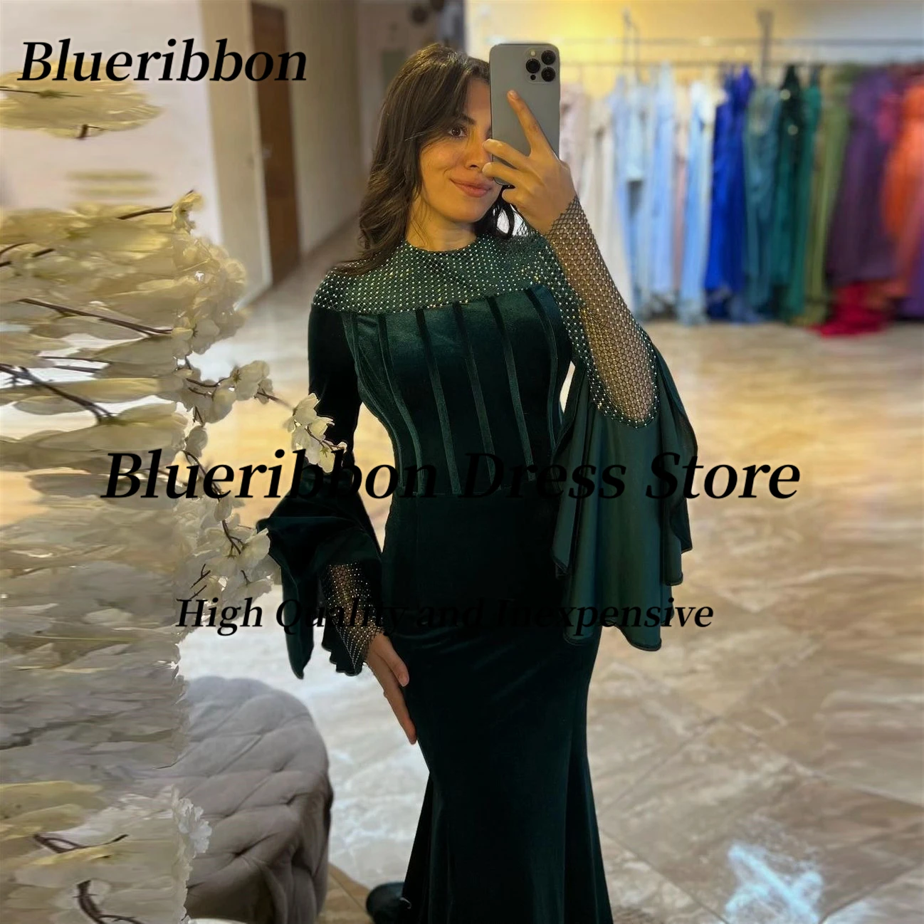 فستان Blueribbon-Velour حورية البحر ، حفلة مسائية ، أكمام طويلة ، فساتين حفلة موسيقية ، ظهر بسحاب ، ملابس ضيوف الزفاف ، أخضر داكن