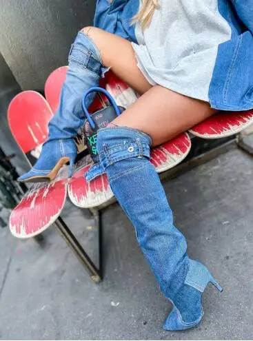 

Light Dark Blue Denim Pointed Toe Patchwork Belt Buckle Thin Heels Knee High Boots Women Street High Heel Long Boots Autumn