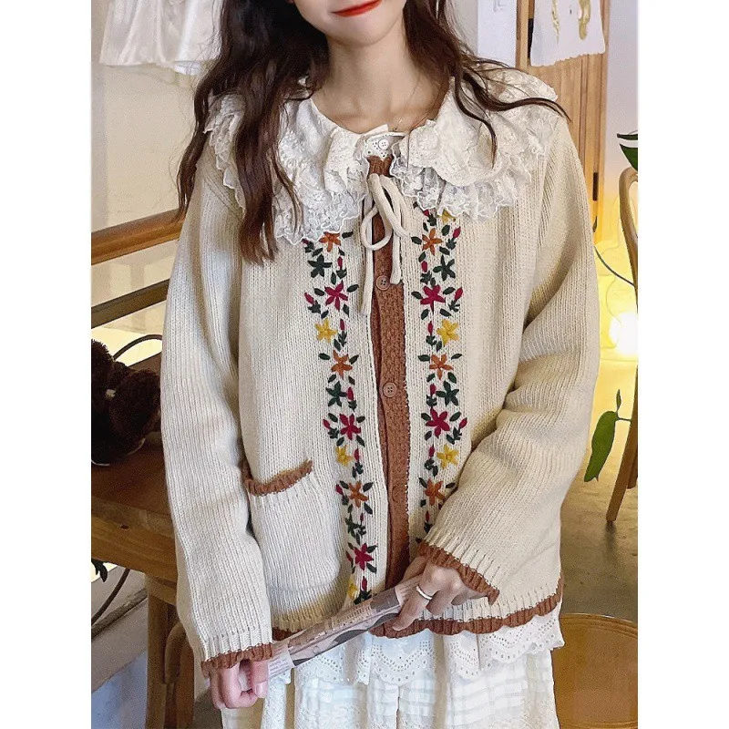 Spring and Autumn Plants and Flowers Fragmented Flowers Embroidered Knitted Cardigan, European and American Lazy Sweater Coat