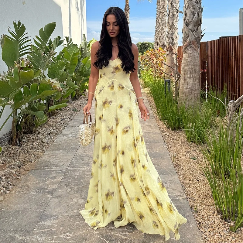 

Vacation Print Lace Up Women Dress Elegant Sling Backless Pleated Lining Empire Female Dresses 2025 Summer Party Lady Robe