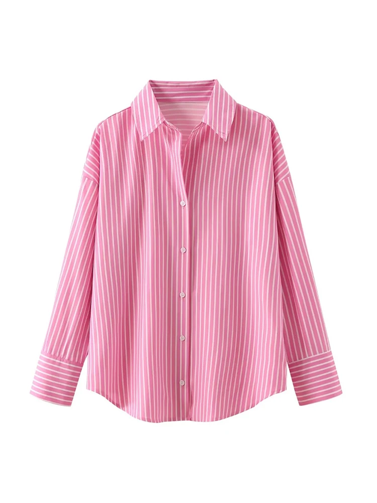 Long sleeve shirt for women, casual, classic style, striped print, long sleeve, loose, pink, office, summer, 2024