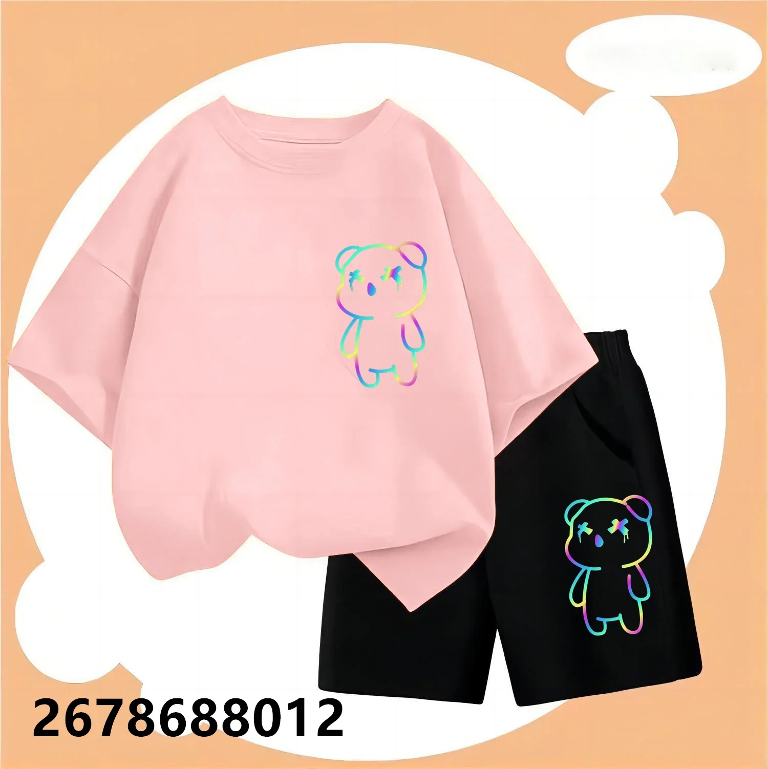 Cute Iridescent Bear Summer New Printed Clothing Casual Multicolour Baby T-shirt+Shorts Boys Girls Round Neck Outdoor Sports Set