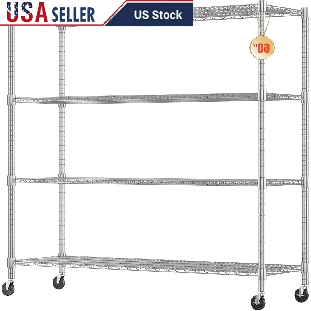 

4 Tier Heavy Duty Metal Shelving Unit with Wheels Adjustable Storage Rack Industrial Wire Shelves Garage Kitchen Pantry Utility