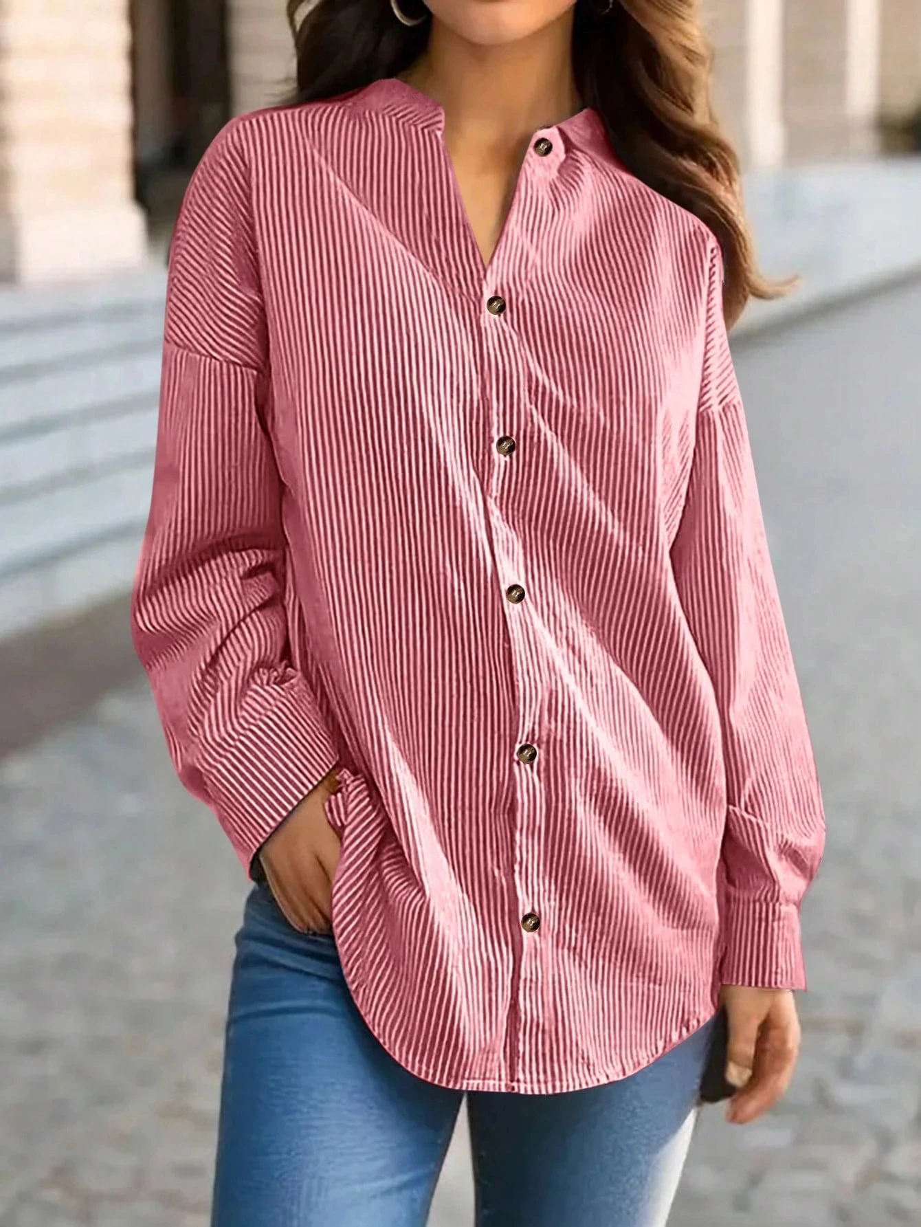 2025 Women's Autumn and Winter New European and American Casual Fashion Button Striped Long Sleeve Solid Color Shirt Women's Stand Collar Striped Stand Collar Shirt Long Sleeve Top