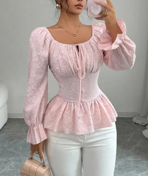 

Women's Shirt 2025 Autumn New Fashion Latest Hot Selling Elegant Casual Blouses Women's U-Neck Lace Up Long Sleeved Top