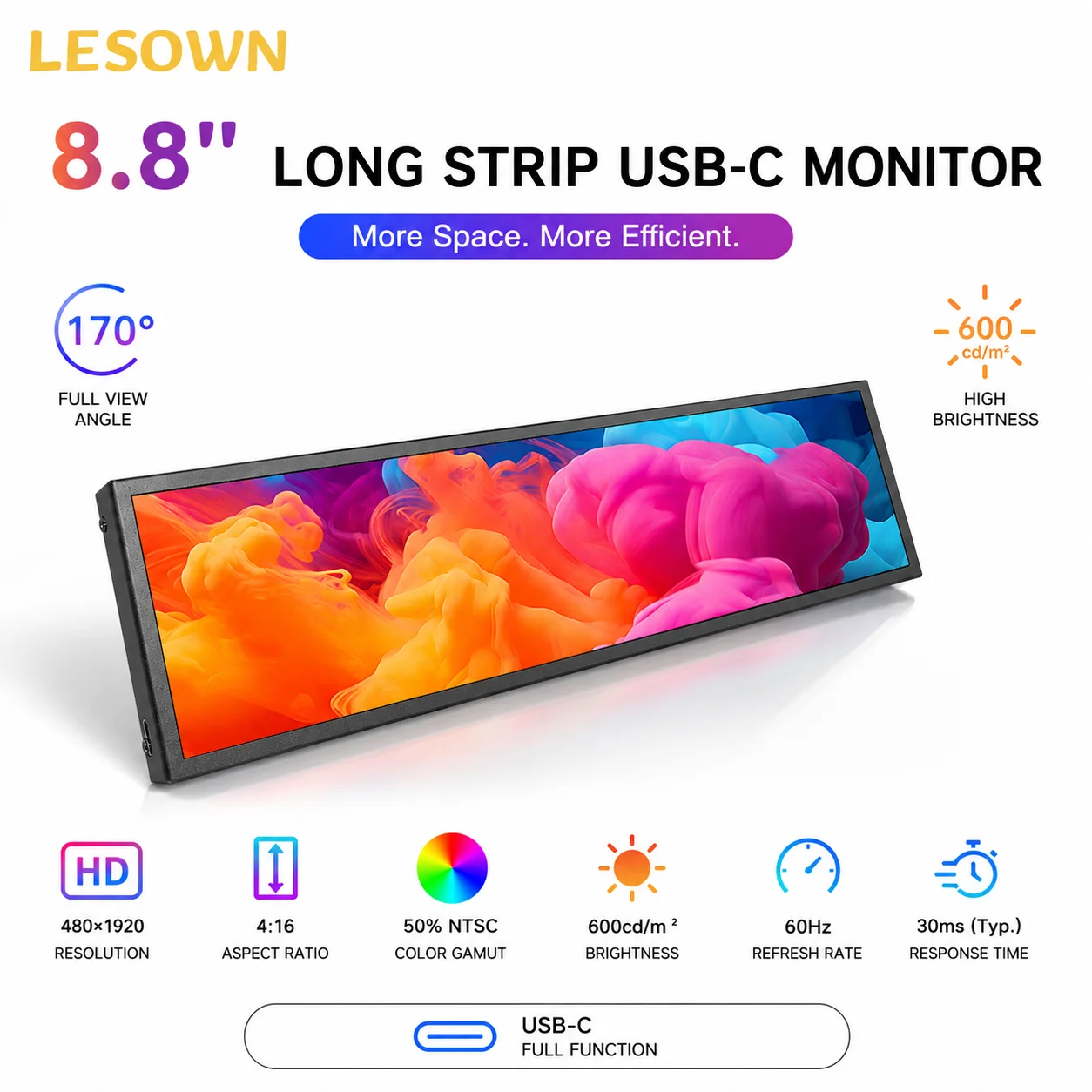 LESOWN 8.8" IPS Black Temperature Monitor Capacitive Touch Display 600cd Type-C Panel for Modding Desktop PC Host Set