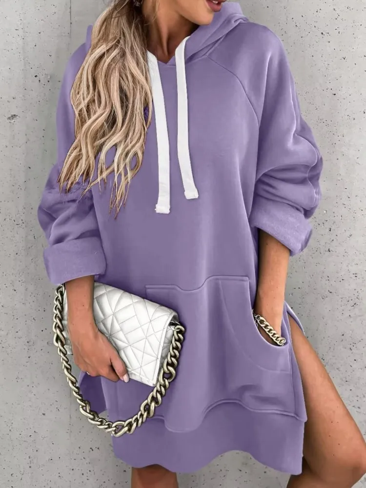 Fashion Solid Hooded Long Tops For Women Casual Loose Long Sleeve Hoodie Top With Pocket Female Autumn Winter Warm Ladies Tops