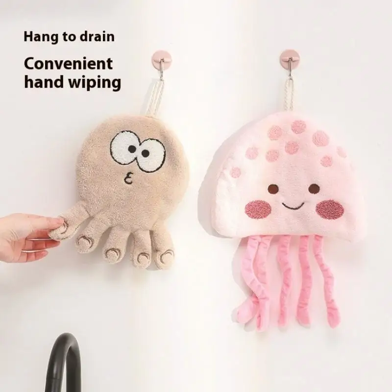 1Pc Cartoon Marine Organism Hand Towel Quick Drying Kitchen Towel Cleaning Rag Coral Velvet Absorbent Hanging Towel Bathroom