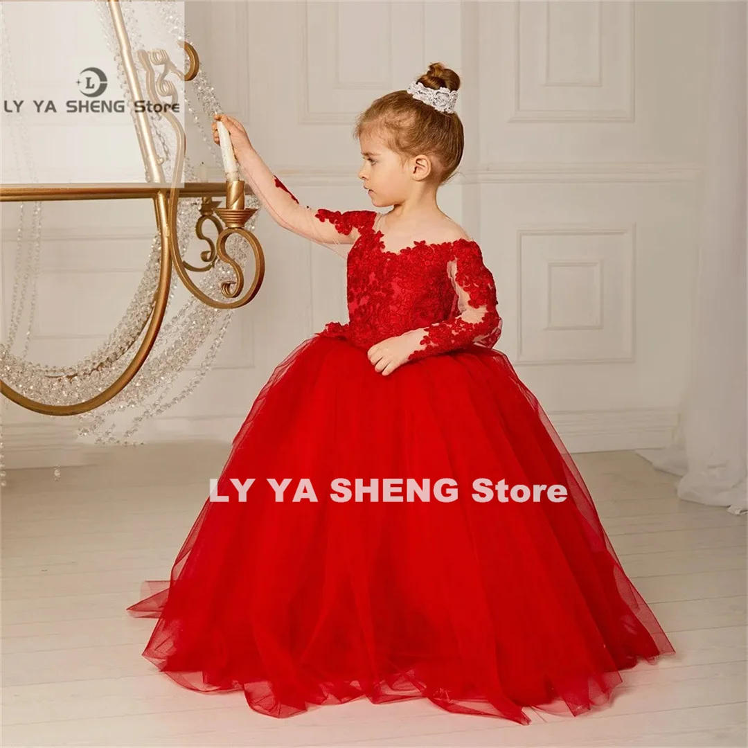 

Red Fluffy round neck with Long Sleeves Flower Girls Dresses Beautiful Bridesmaid Birthday Backless Lace Bow Appliques