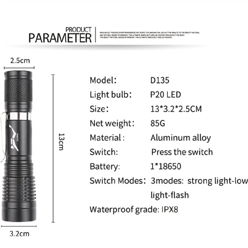 IPX8 wodoodporna lampa do nurkowania podwodnego 10-metrowego latarka LED do nurkowania 300lm latarka LED z pasek na rękę zasilanym Battey 3.7V li-ion