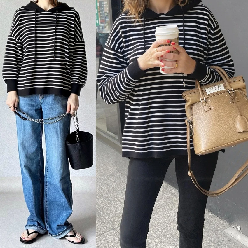 

Loose Fit Striped Knitwear Hooded Elastic Women's Casual Long Sve Sweater Comfortable Breathable Polyester Fiber