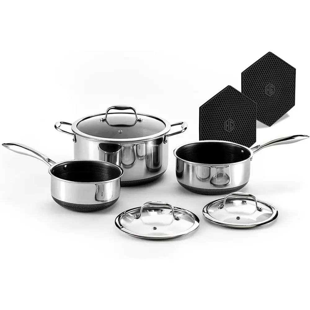 

6-Piece Nonstick Pot Set: 2, 3, 8-Quart Pans with Glass Lids, Silicone Trivets, Cool Handles, Dishwasher Safe, Induction Ready