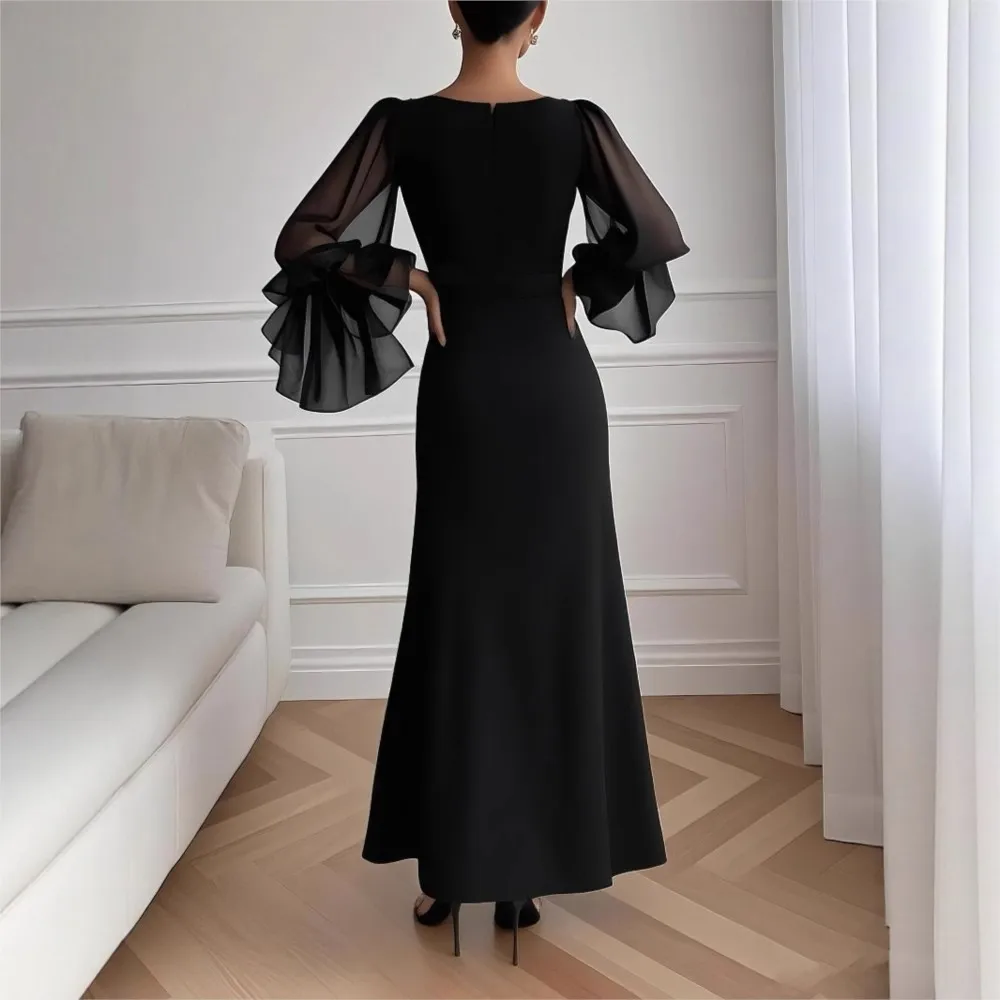 Fashion Chiffon Trumpet Long Sleeve Splicing Women's Black Dress Spring New Slim Sexy Deep V-neck Slit Elegant Female PartyDress - view 4