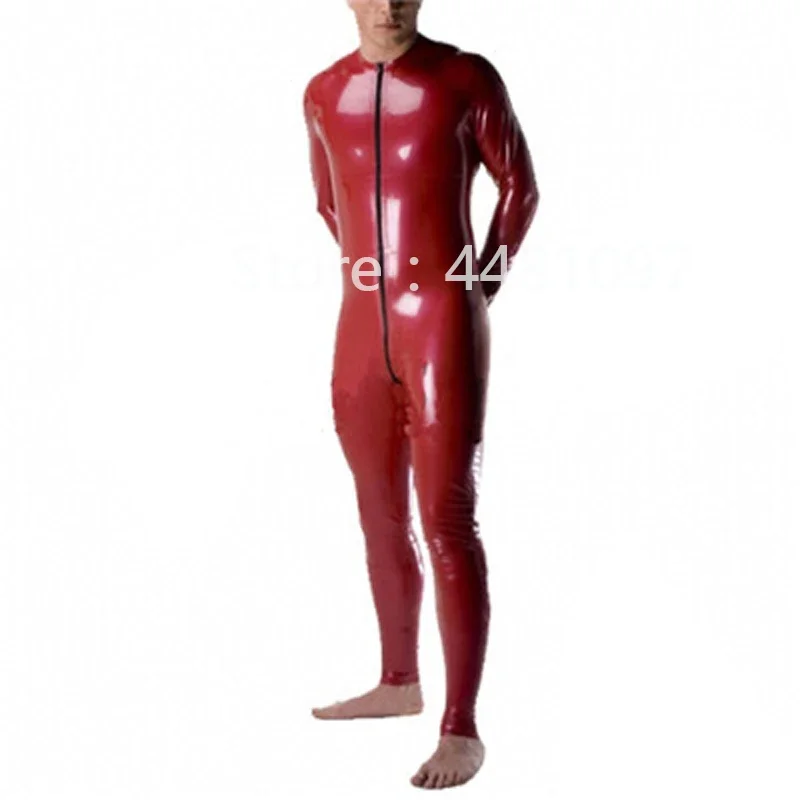 

Handmade Men Red Latex Bodysuit Fetish Rubber Bodysuit with Front Zip Halloween Cosplay Costume