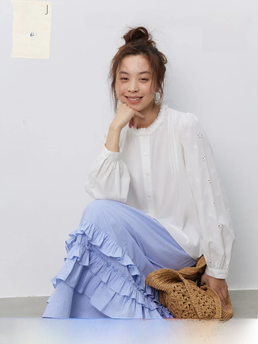 

Retro Feel Layered Stripe Skirt High Waist Long Umbrella Skirt Cake Sle Artistic Flounce Spring 2025 Cotton 00% Women's Fa...