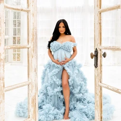 Dusty Blue Tulle Pregnant Women Photo Shoot Robes Tiered Ruffles Puffy Maternity Robes Women Dress Baby Shower Gowns Custom Made