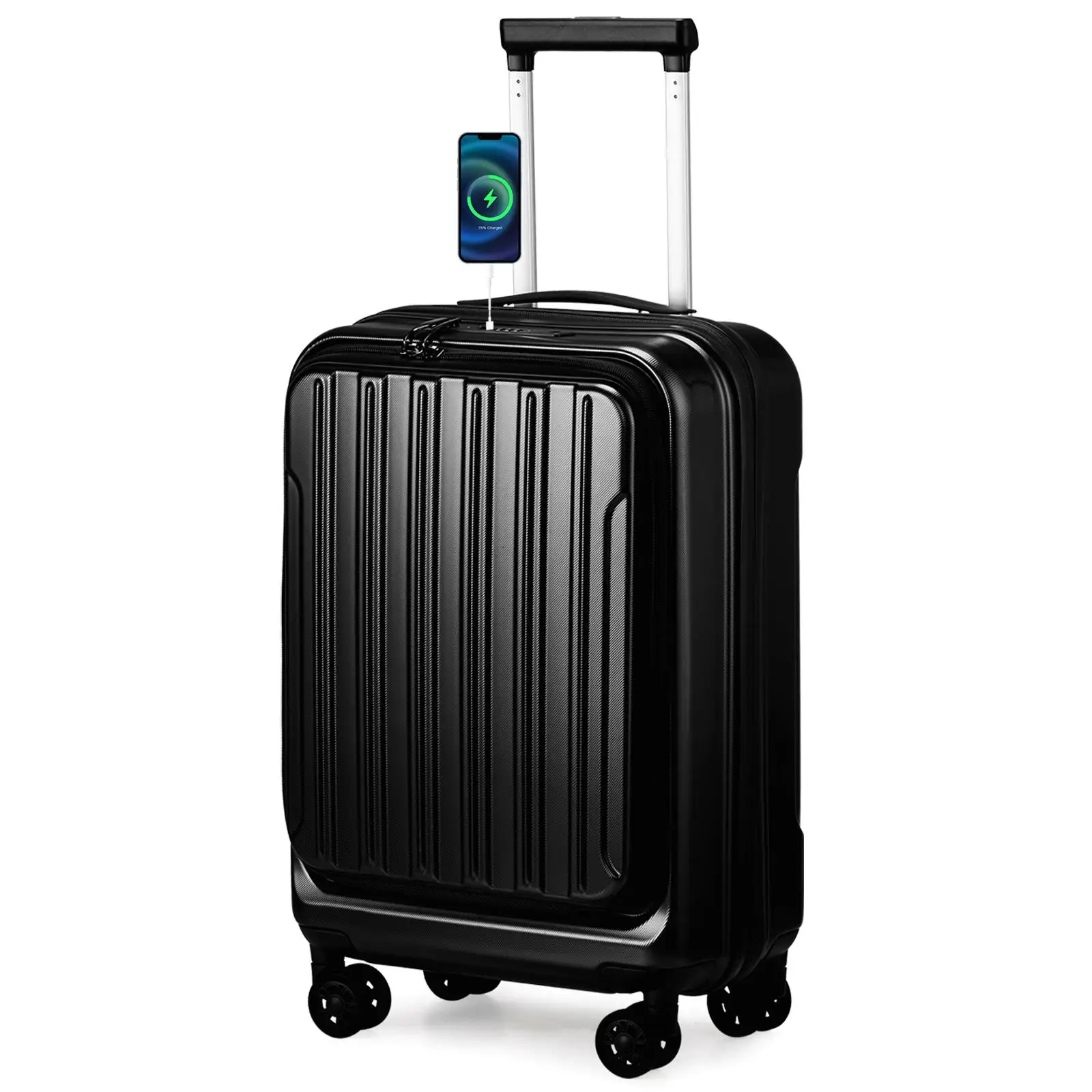 Expandable 20 Carry-On Luggage with USB Port, TSA Lock, 4-Wheel Spinner, Front Compartment, Airline Approved, ABS+PC - Black