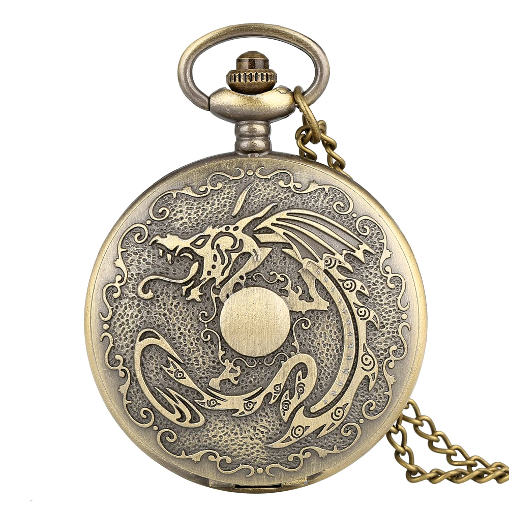 Bronzen Draak Gesneden Quartz Beste Steampunk Fob Analoog Vintage Zakhorloge Met Ketting Horloges Voor Mannen