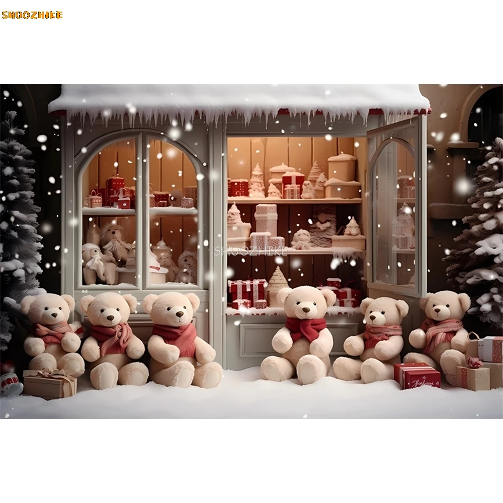 Winter Christmas Decoration Background Xmas Shop Gift Boxes Teddy Bears Backdrop Kids Portrait Photo Studio Props Party Supplies