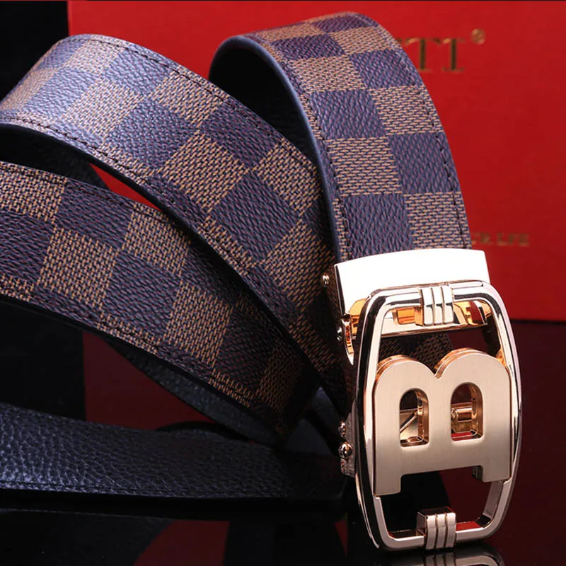 

Fashionable plaid men's high-end leather belt with top layer cowhide double loop automatic buckle belt, embossed pants belt