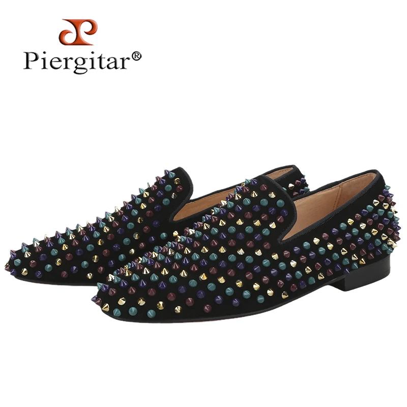 Piergitar Punk Style Black Suede With Handmade Mixed Colors Spikes Men's Loafers CL Brand Same Model Red Bottom Smoking Slippers