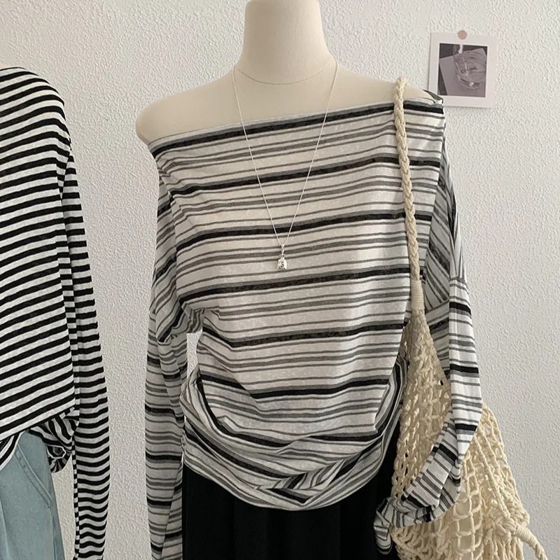 

2025 One-word Collar Thin Long-sleeved Sunscreen Striped T-shirt Women's Fashion Design Top