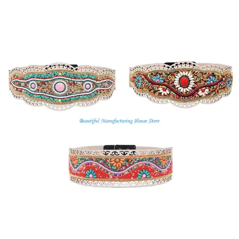 

E56A Ethnic Beaded Waist Cincher Stretch Waistband Bohemian Belt Body Girdle Feature Floral Accent for Women's Clothing