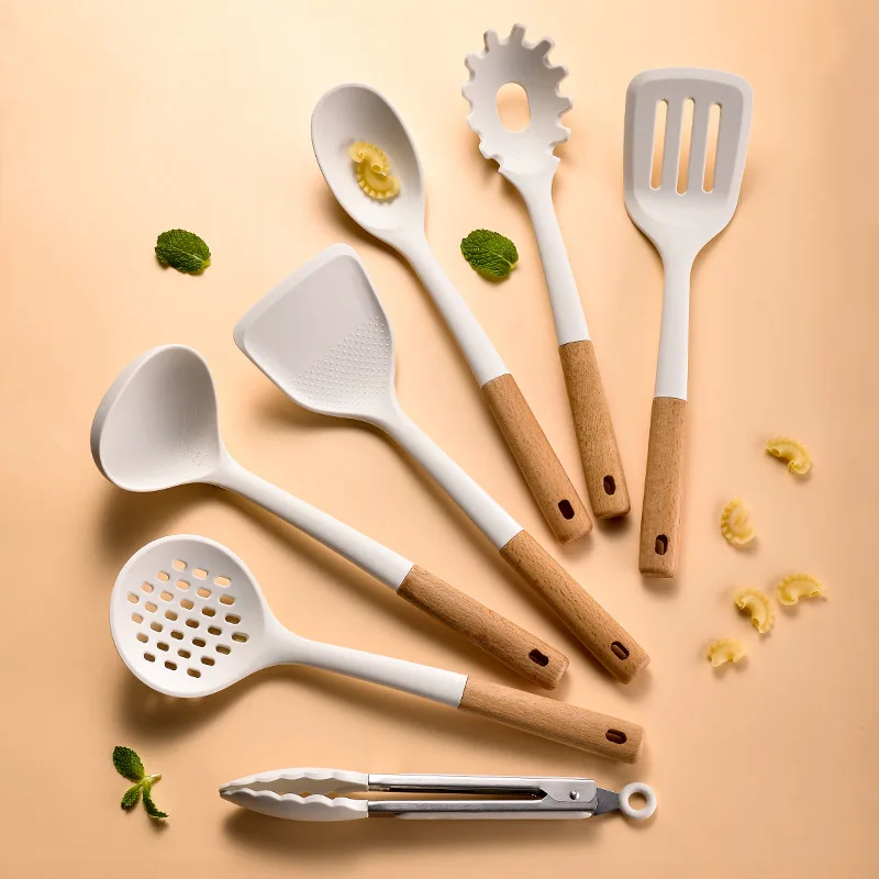 White Silicone Kitchenware Non-stick Cooking Utensils Set Cookware Spatula Spoon Shovel Wooden Handle Kitchen Tool Set