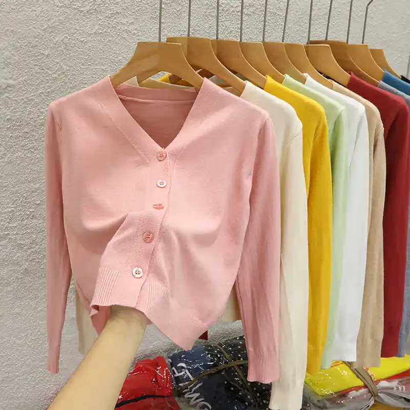 Pull tricoté femmes Cardigans nouveau à manches longues col rond blanc tricot pull Cardigan haut pour femme tricots Sueters De Mujer Q968