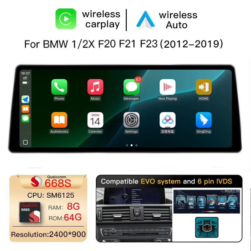 2400*900 Hoge Resolutie 12.8" Draadloze Carplay Android 14 Autoradio voor BMW 1/2 Serie 3/4 Serie F20 F21 F22 F30 F31 F32 F33 F34 F36 NBT Stereo Auto Multimedia Scherm GPS Navigatie