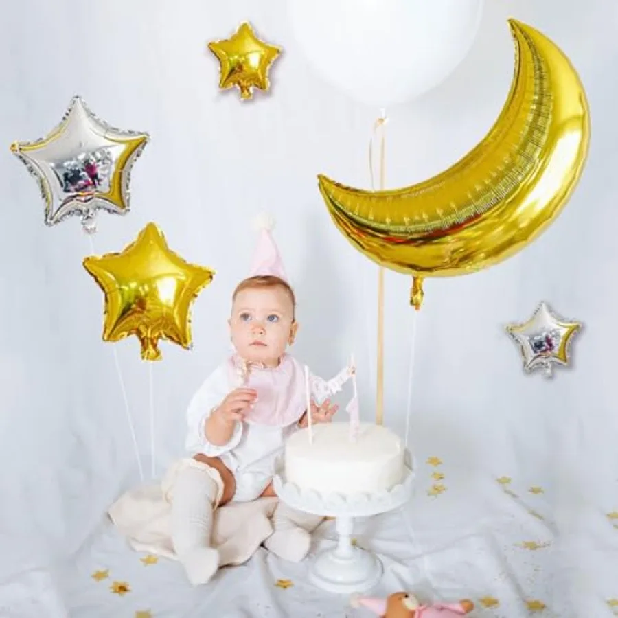 12 قطعة بالونات مايلر على شكل نجمة القمر مقاس 36 بوصة بالونات قمر ذهبية كبيرة وبالون من رقائق الفضة على شكل نجمة لحفلات أعياد الميلاد وحفلات الزفاف
