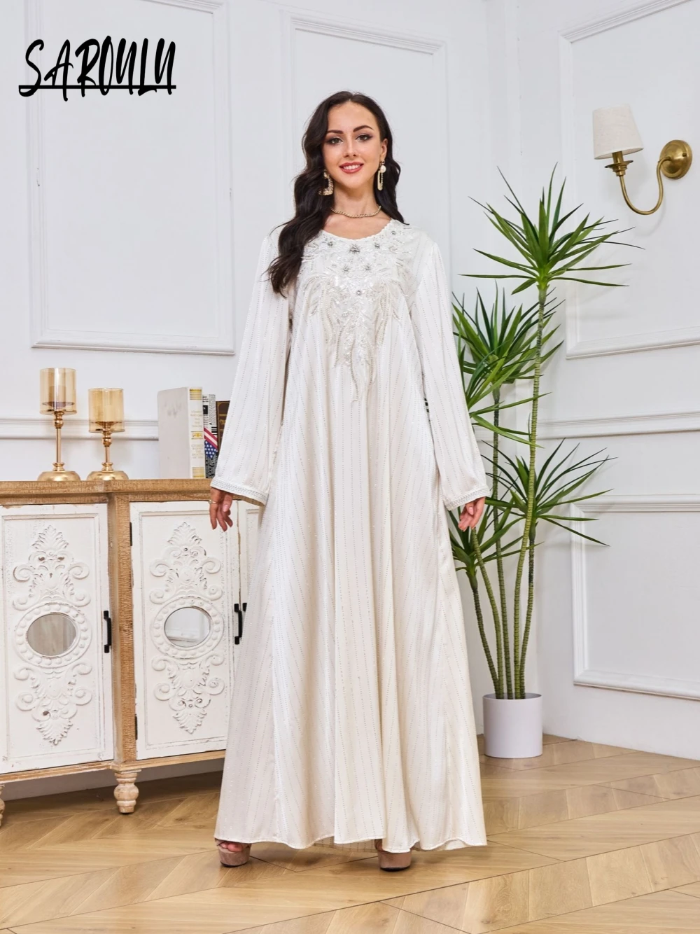 Vestido de noche con cuentas y cuello redondo para mujer, bordado con purpurina, apliques musulmanes, fiesta de cumpleaños, graduación, Abaya elegante, bata de Dubái personalizada