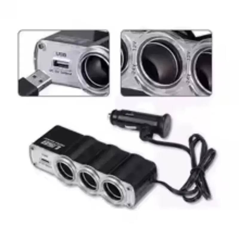 Car Lighter Adapter Charger Adapter Triple Splitter Lighter Output 12V ABS Black Cigar Car Adapter Lighter Multi Socket USB Port