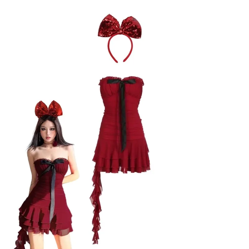 Vestido Sexy de Navidad para mujer, vestido Retro sin tirantes con lazo rojo y diadema con lazo de gran tamaño con lentejuelas, trajes de fiesta de Navidad