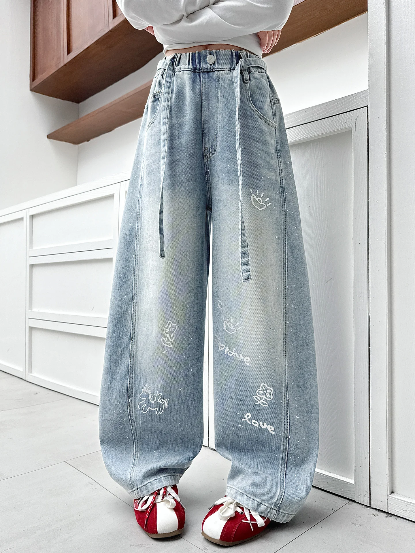 

Girls Fce Lined Denim Jeans Thi Wide Leg Diamond Embellied Winter Faion l Waist Button Print Casual Pants