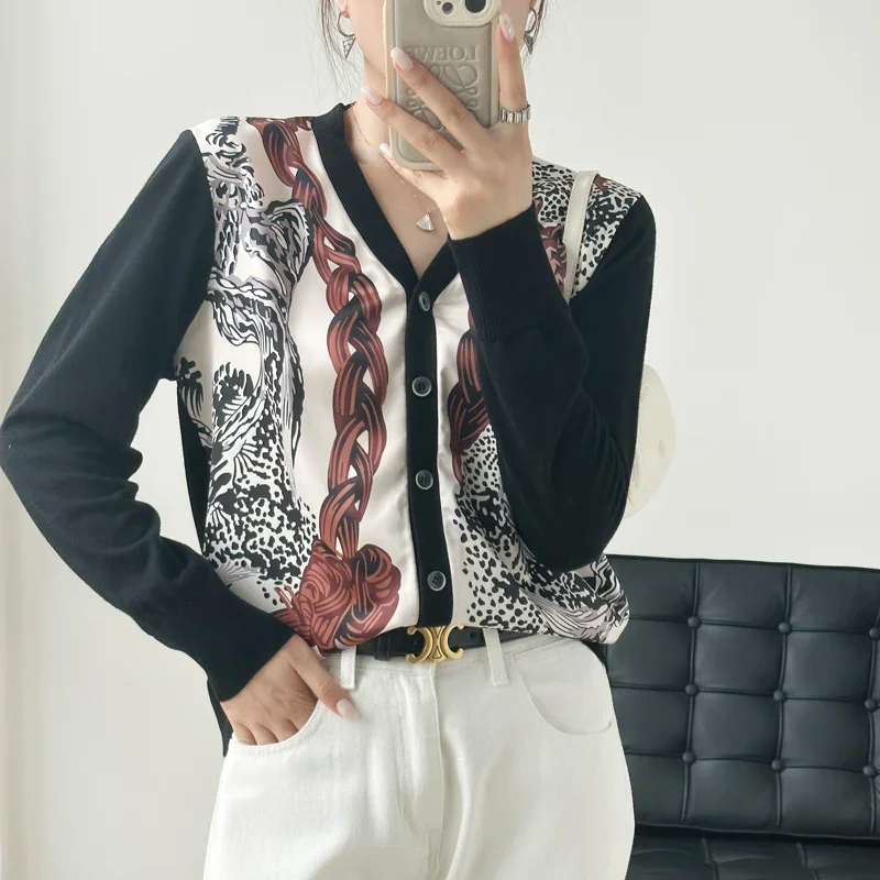 Fall/Winter New V-neck Long-sleeved Cardigan Sweater Wool Knitted Women's Lace Splicing Design Coat Joker