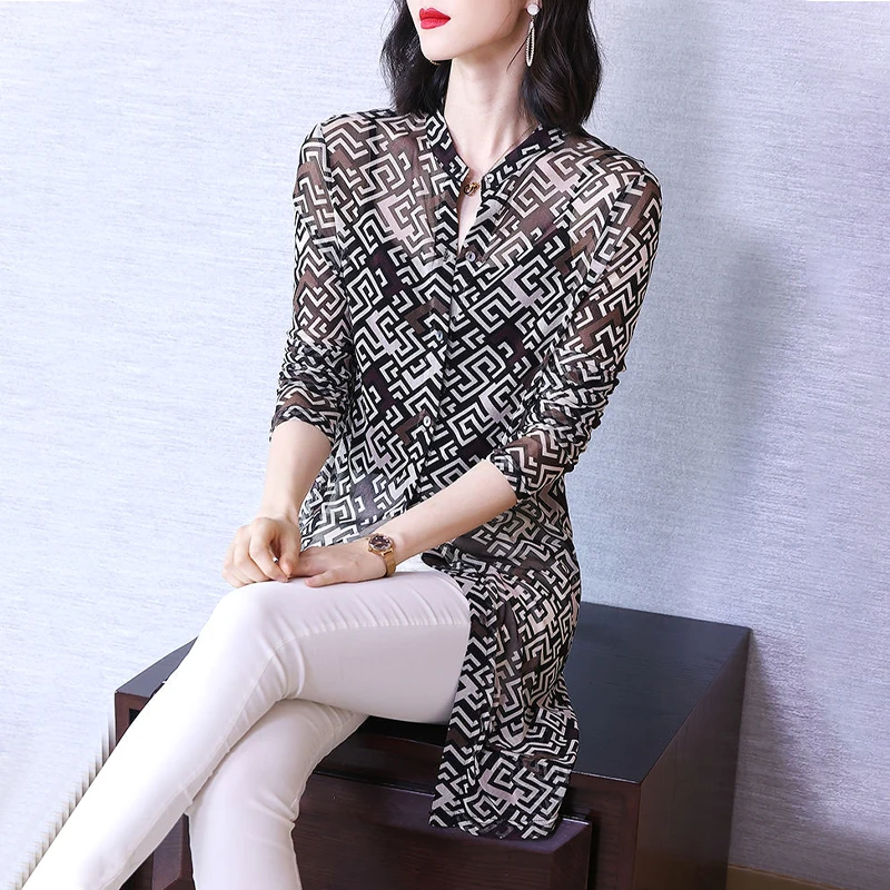 Fashion Casual Office Lady Loose Long Printing Jackets Comfortable Button Vintage Elegant Thin Spring Summer Women's Clothing