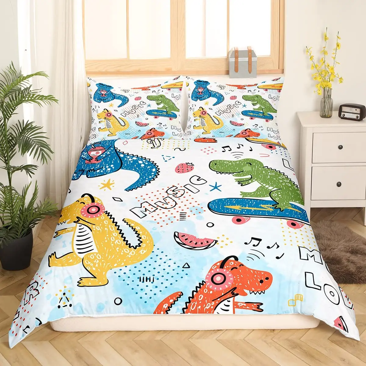 Cute Dinosaur Duvet Cover King Queen Kawaii Cartoon Wild Dino Bedding Set for Kids Boys Girls Jungle Animals Comforter Cover