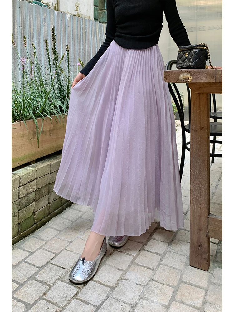 

Yang Bubble Purple Me Pleated Skirt Women's High Waist A-Line Midi f Skirt Spring Summer New Sle Korean Sle Commute