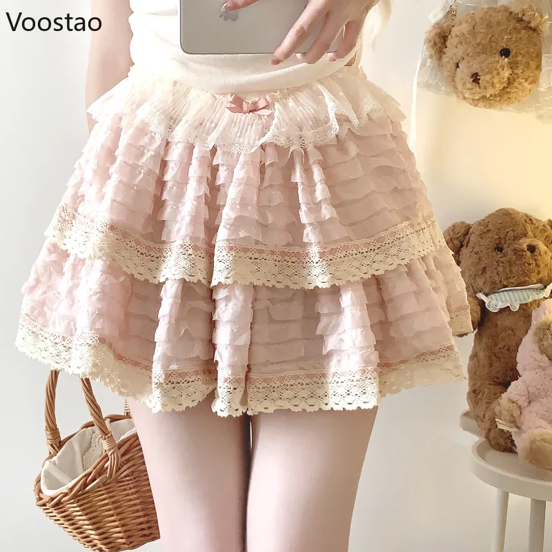 Japanese Sweet Lolita Mini Skirt Women Vintage Kawaii Y2k Bow Lace Ruffles Party Fairy Short Skirts Korean Elegant Cake Skirt