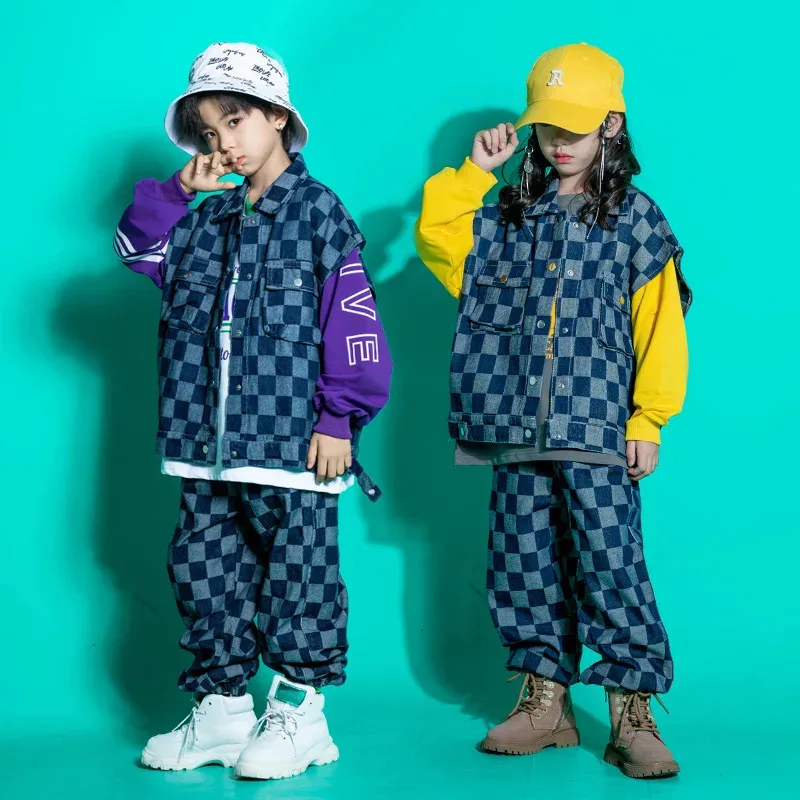 

COSda@Girls Hip Hop Clothing Denim Blue Checkered Vest Sweatshirt Jeans Jogger Pants for Kids Boys Jazz Dance Costume ClothesCOS