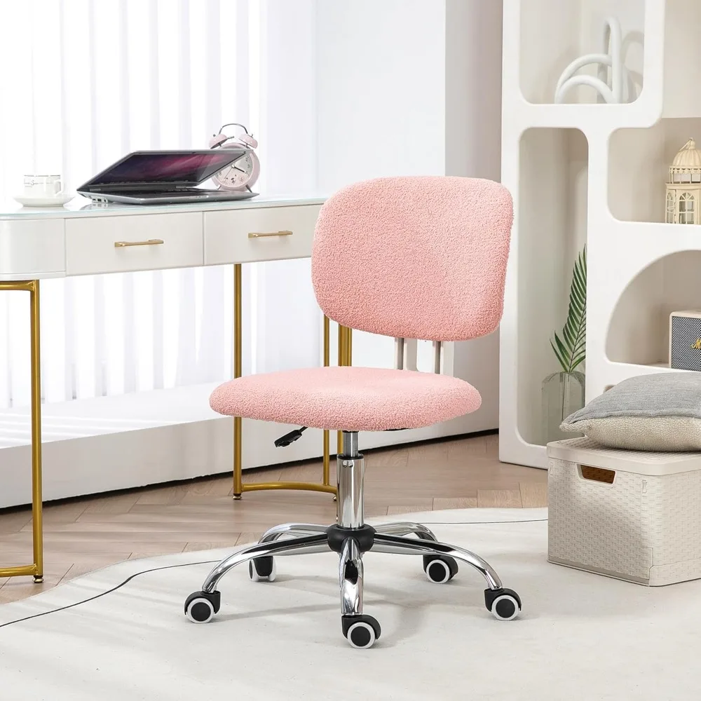 Cute Armless Office Chair,Teddy Fleece Fabric Computer Desk Chair,Vanity Chair with Adjustable Height,Swivel Wheels,Mid Back